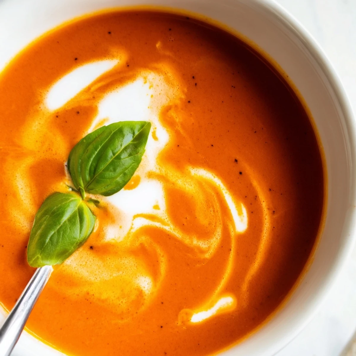 Rich Creamy Tomato Bisque ladled into a warm bowl, showing its velvety texture and bright red color.