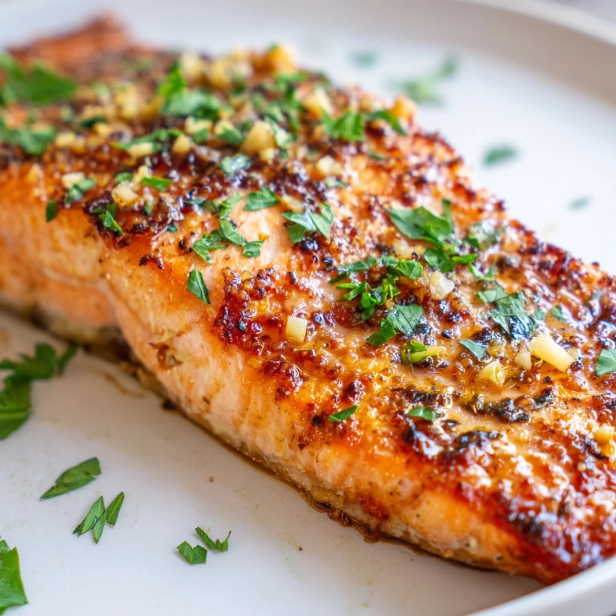 Freshly baked Baked Salmon with Honey Garlic Glaze garnished with parsley and lemon wedges.