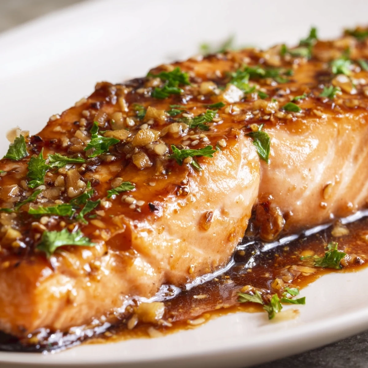 Golden-brown Baked Salmon with Honey Garlic Glaze on a baking sheet ready to serve.