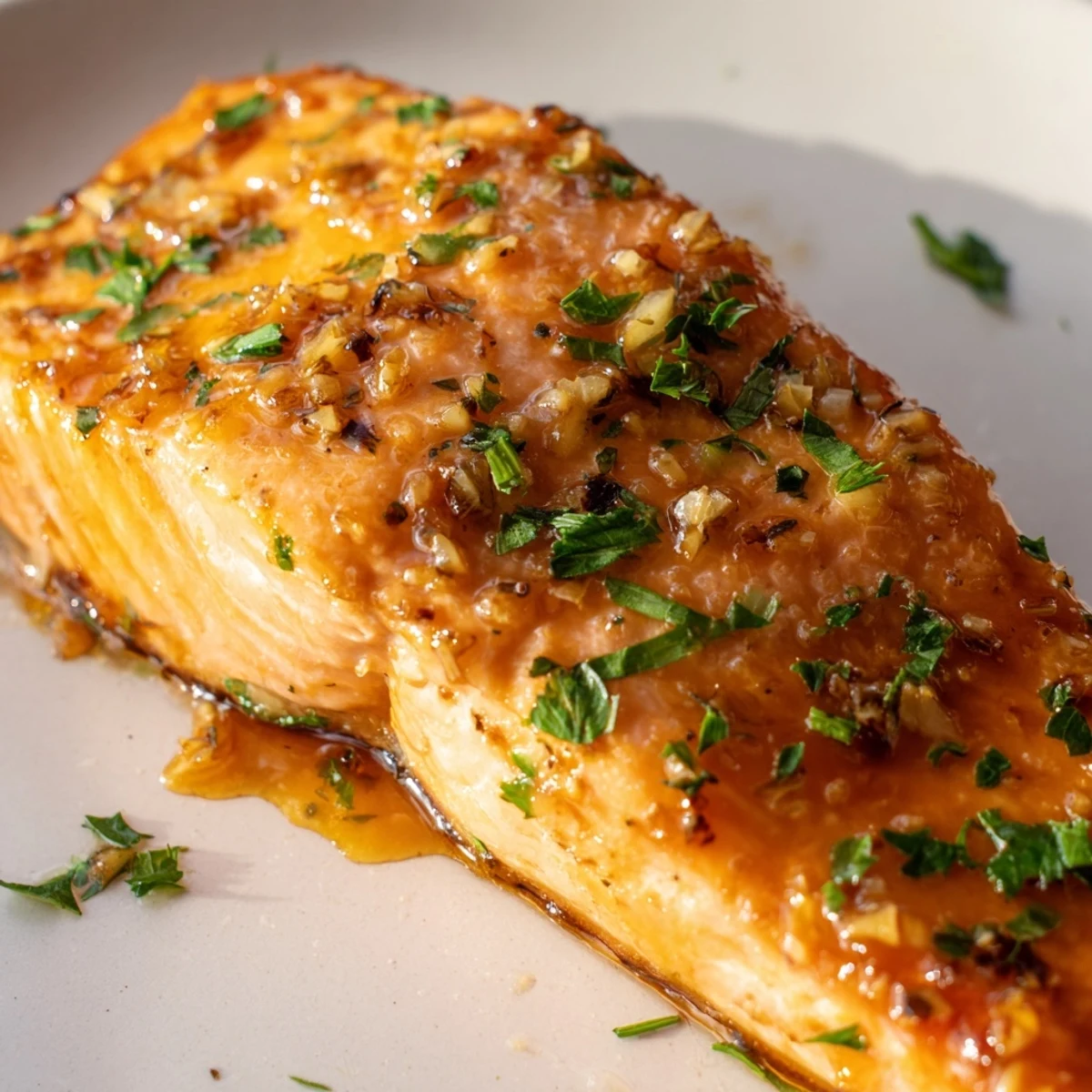 Moist fillets of Baked Salmon with Honey Garlic Glaze drizzled with pan juices.