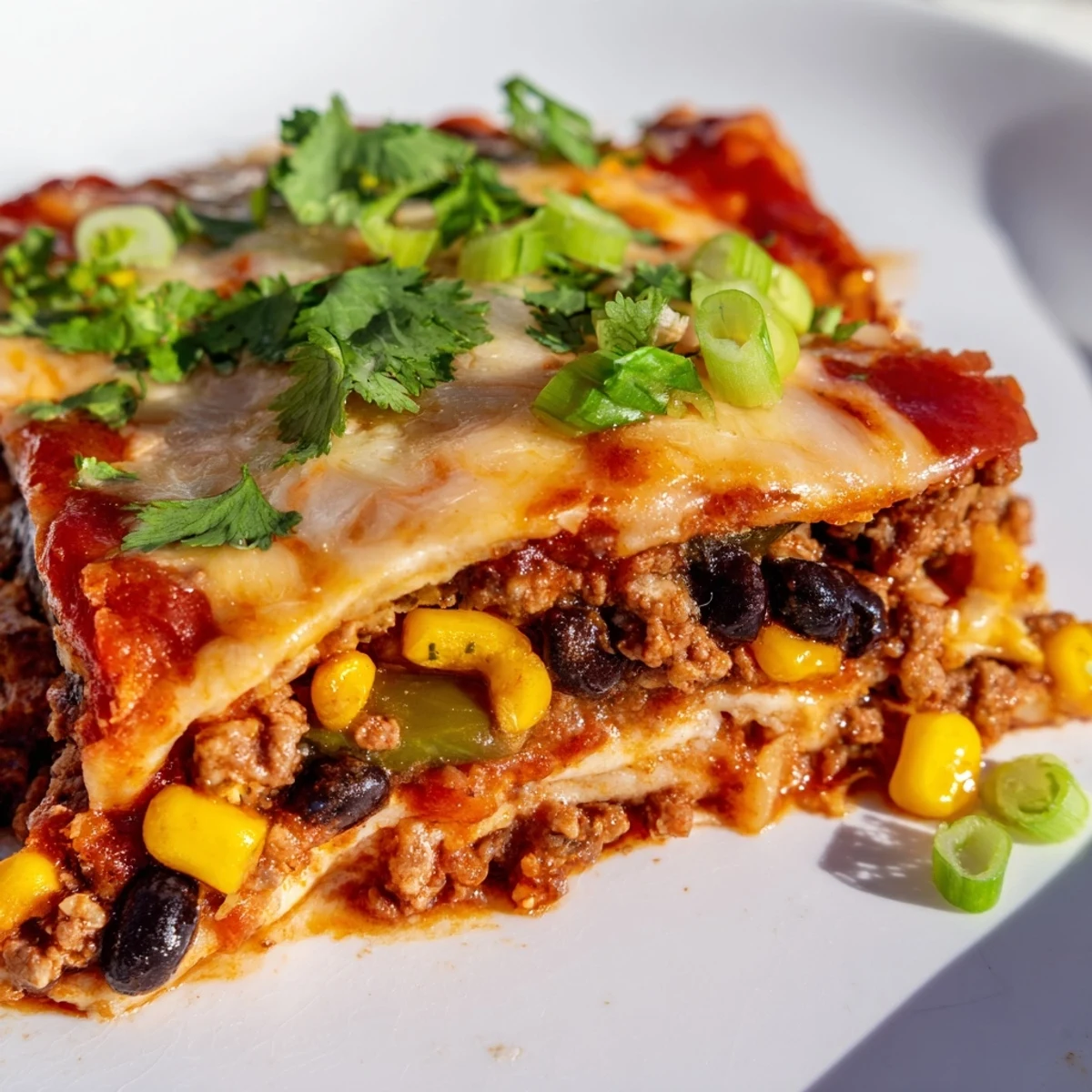 Freshly baked Beef Enchilada Casserole with melted Mexican cheese blend, bubbling in a 9x13 pan.