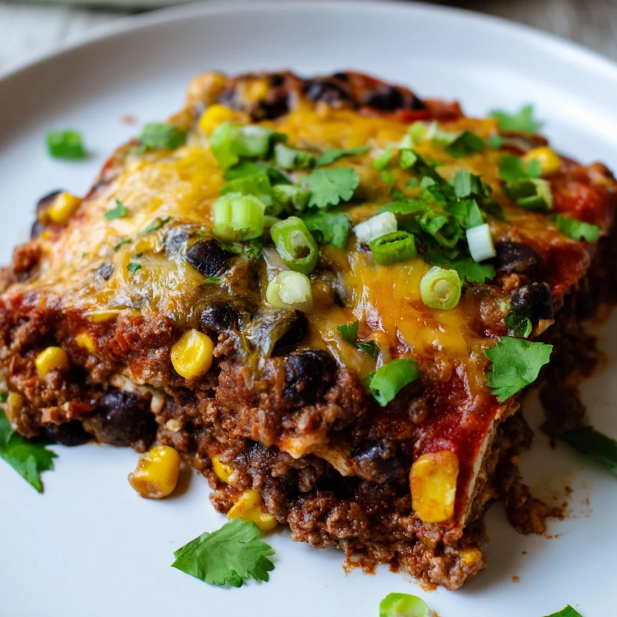 Sliced square of hearty Beef Enchilada Casserole topped with sour cream, cilantro, and jalapeños.