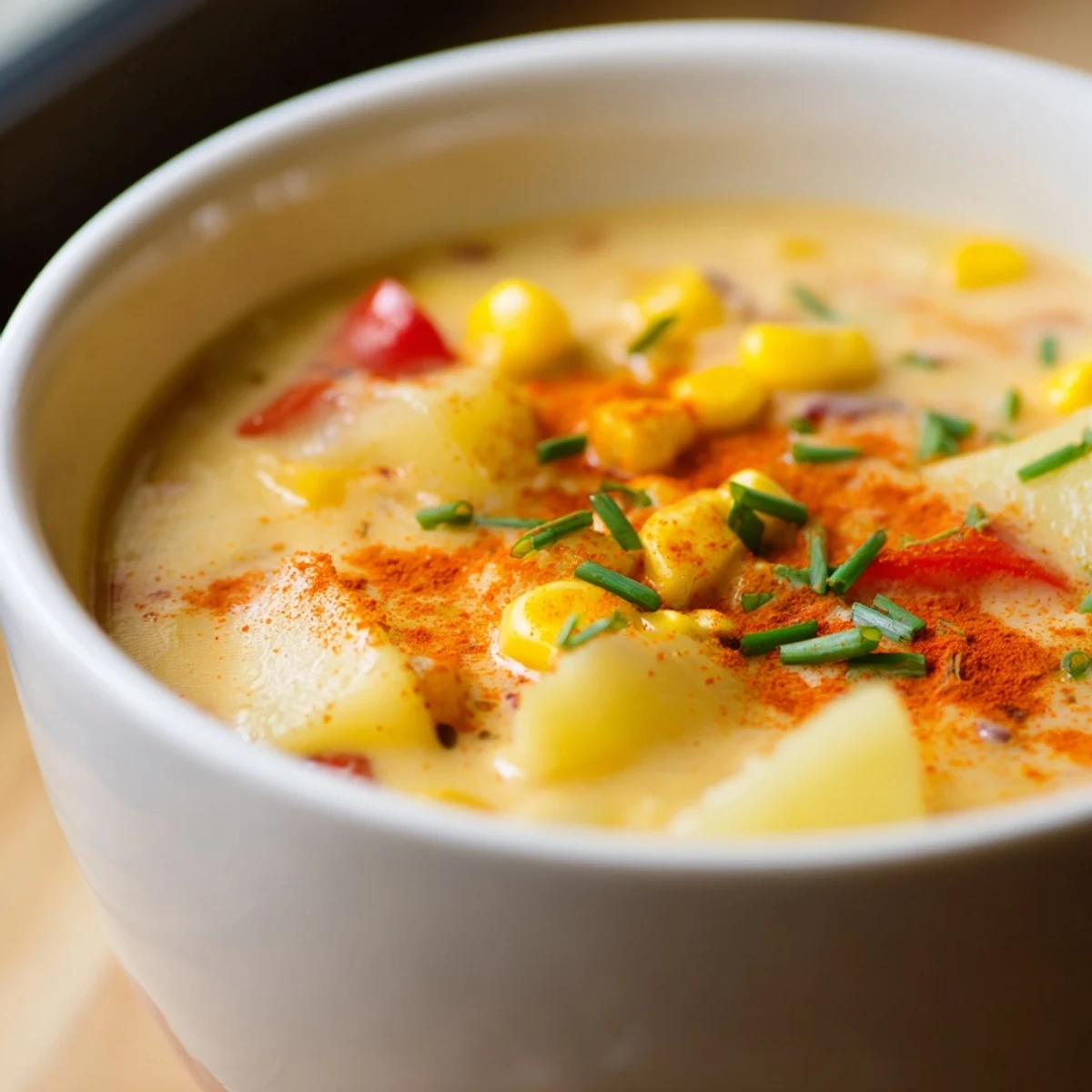 A bowl of Creamy Corn Chowder with Smoked Paprika, garnished with fresh chives and a steamy, velvety broth.