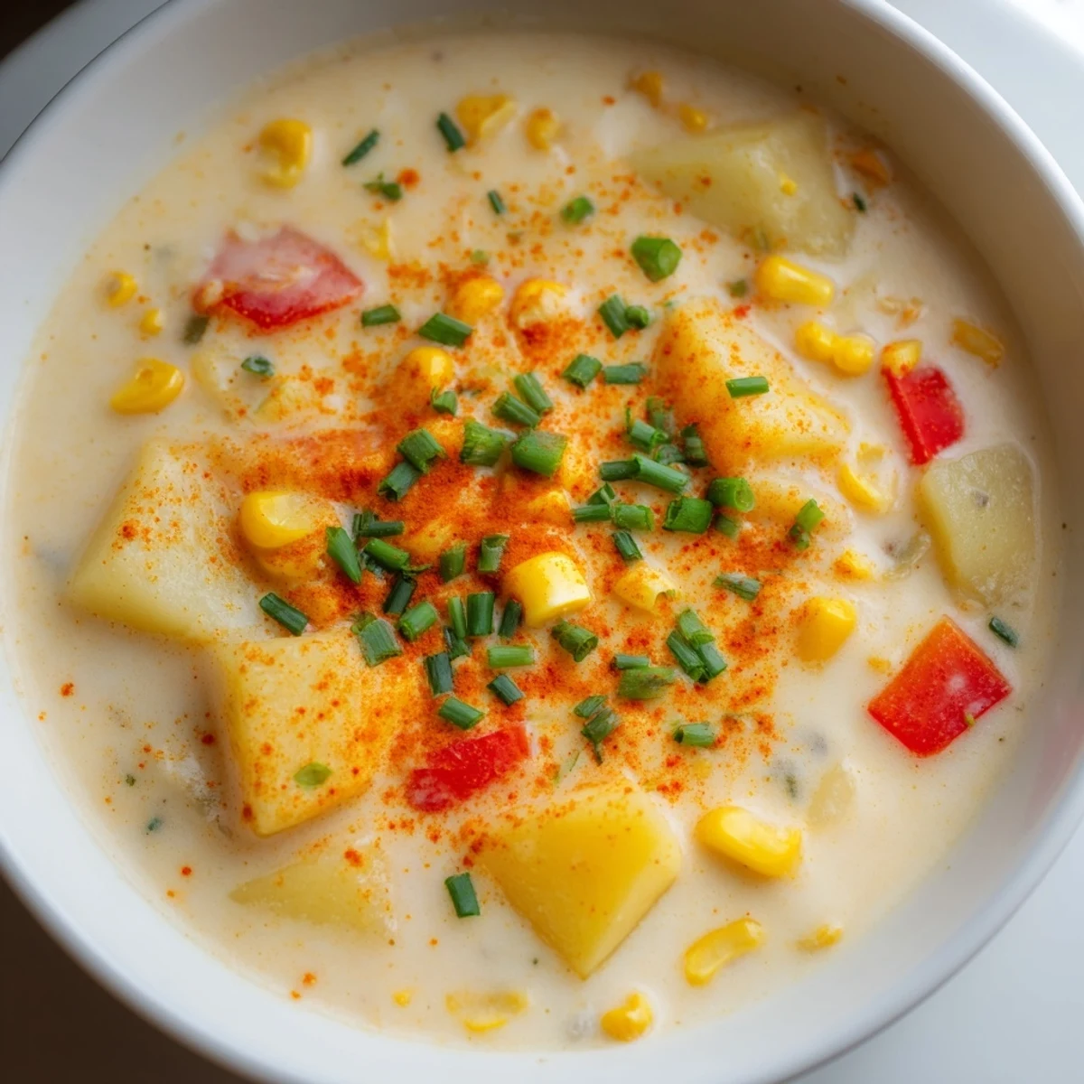 A warm pot of Creamy Corn Chowder with Smoked Paprika, featuring sweet corn, diced potatoes, and a rich texture.