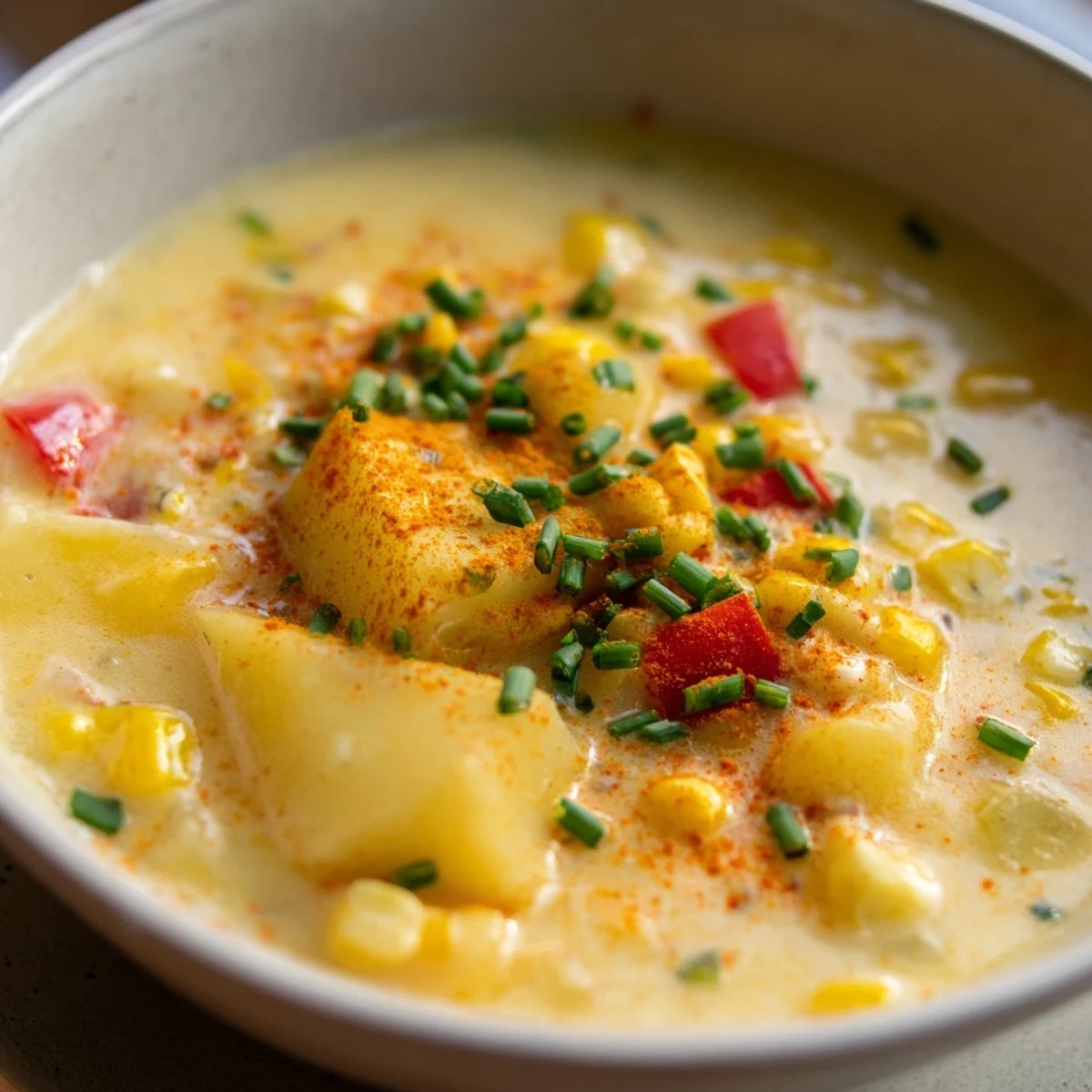 Creamy Corn Chowder with Smoked Paprika served in a rustic bowl, ready to enjoy with a crusty piece of bread.