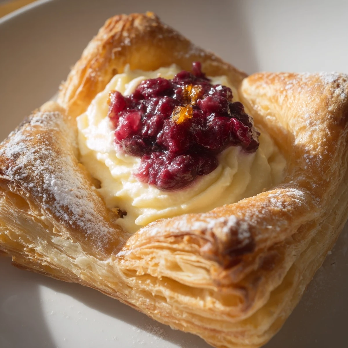 Golden Cranberry and Cream Cheese Pastries are dusted with powdered sugar, served warm alongside a cup of coffee.
