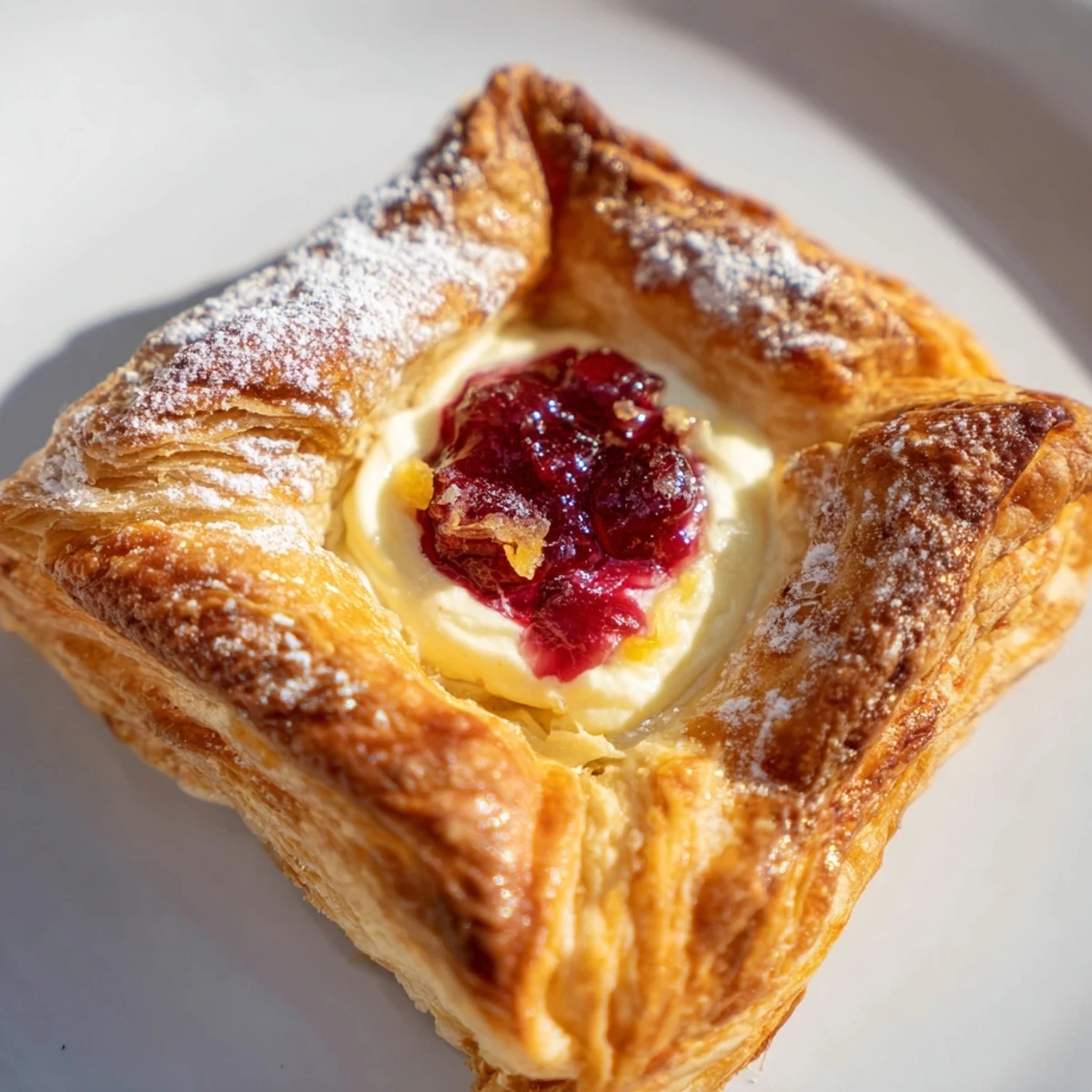 Close-up of a Cranberry and Cream Cheese Pastry showing a sweet-tart cranberry topping and rich, creamy cheese center.