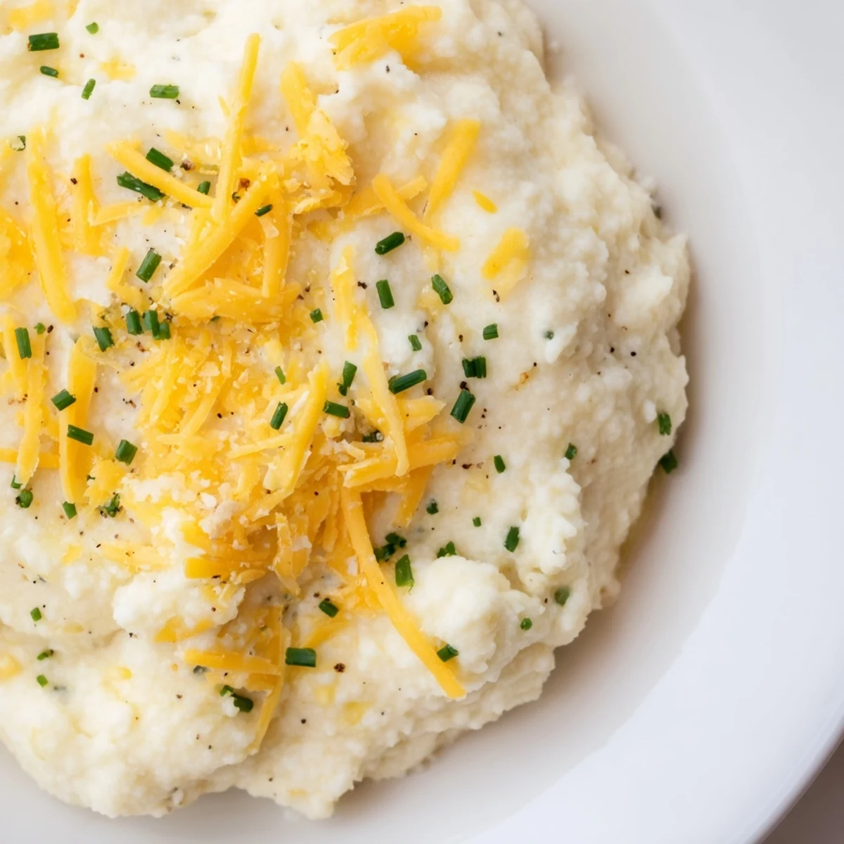 Creamy Garlic Mashed Cauliflower with Cheese garnished with fresh chives in a rustic serving bowl.