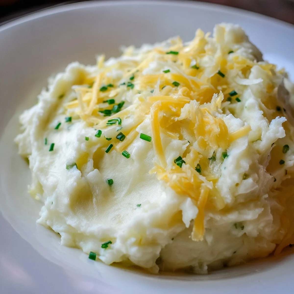 Garlic Mashed Cauliflower with Cheese served hot as a low carb side dish with parsley.