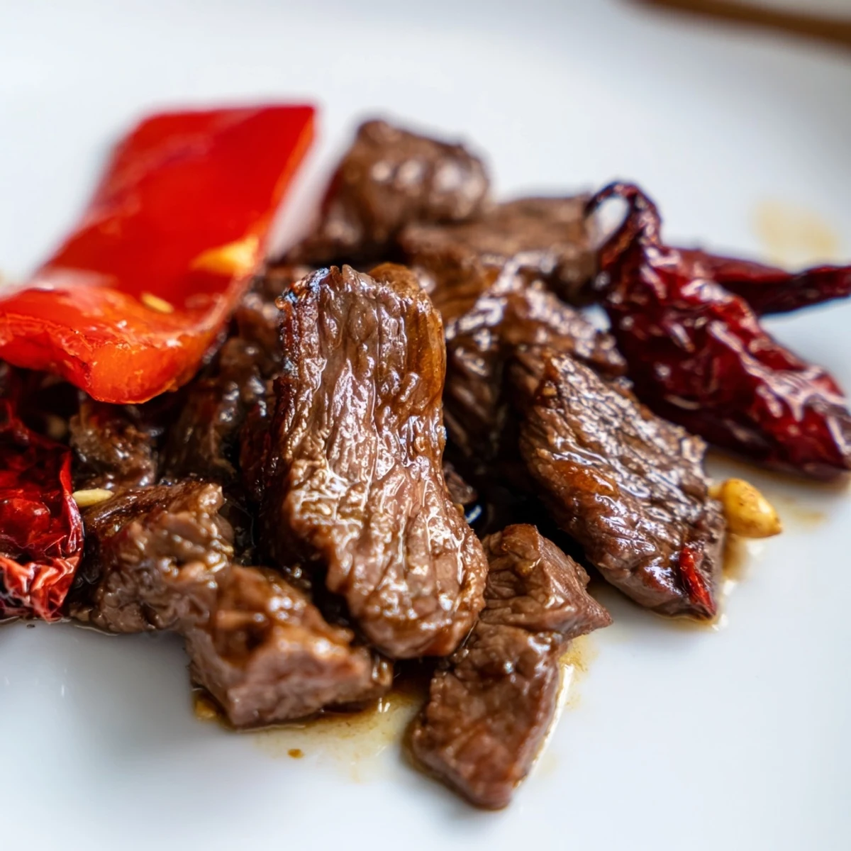 Spicy Szechuan Beef with Peanuts sizzling in a wok, tossed with vibrant red bell peppers and aromatic dried chilies for a fiery stir-fry.