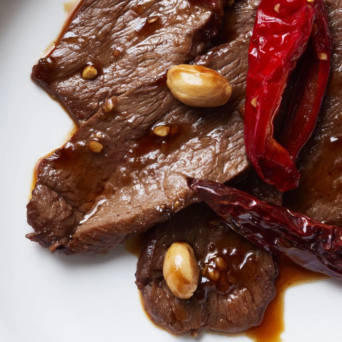 Garnished with chopped peanuts and green scallions, this Spicy Szechuan Beef with Peanuts is ready to serve over fluffy white rice.