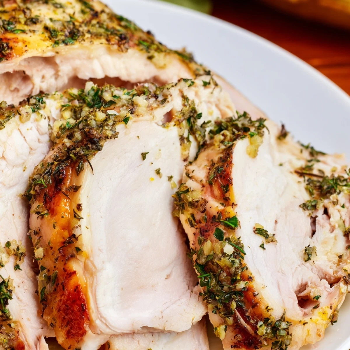 Golden-brown Lemon Herb Roasted Turkey Crown resting on a bed of roasted carrots and onions with pan juices.