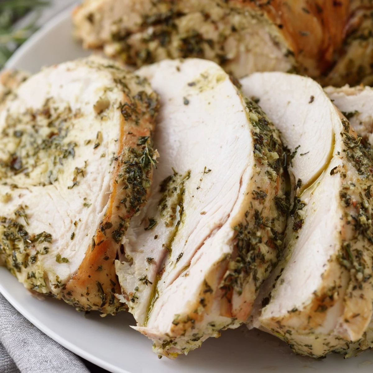 Sliced Lemon Herb Roasted Turkey Crown revealing juicy white meat, served with fresh herbs and lemon wedges on the side.