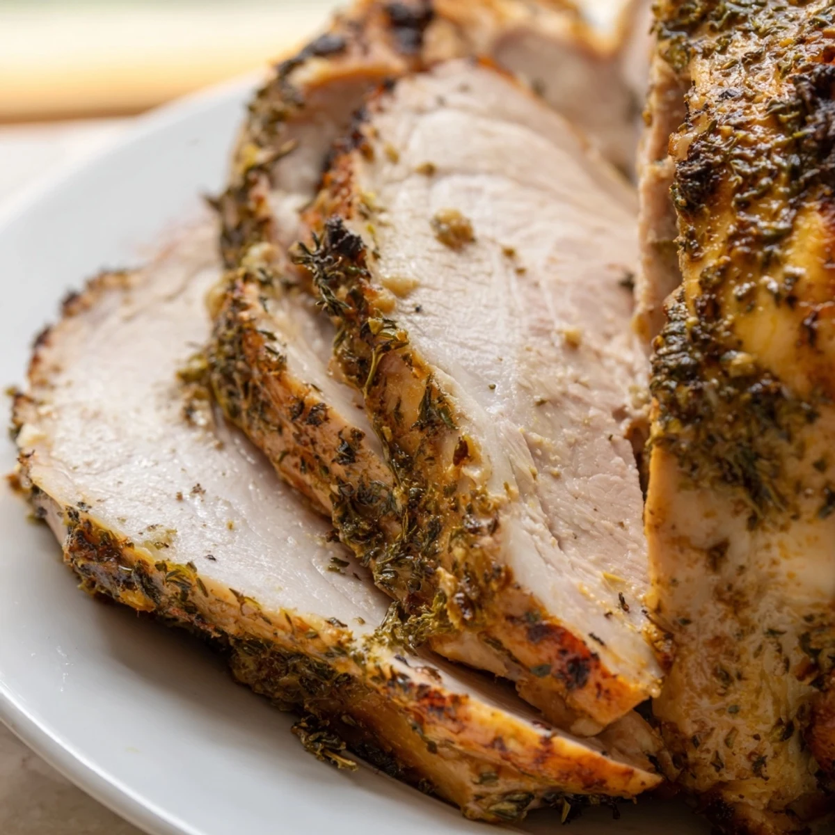 Herb-buttered Lemon Herb Roasted Turkey Crown roasted to perfection in a dish, garnished with sprigs of thyme and rosemary.