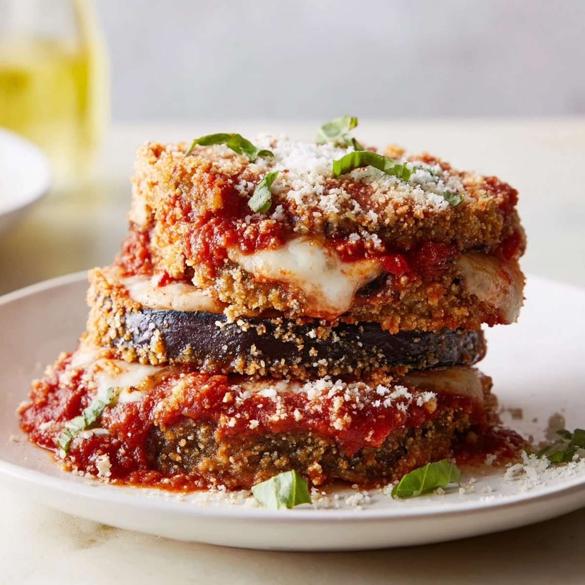 Golden baked eggplant slices layered with rich marinara sauce and melted mozzarella, topped with fresh basil in a casserole dish.