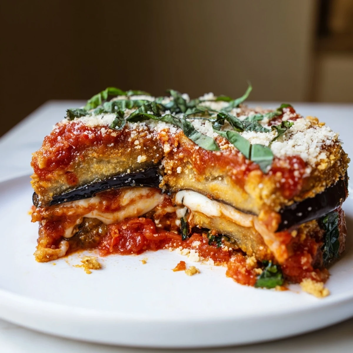 Fresh torn basil garnishes this comforting vegetarian Baked Eggplant Parmesan, featuring crispy golden breaded eggplant and creamy melted mozzarella cheese.