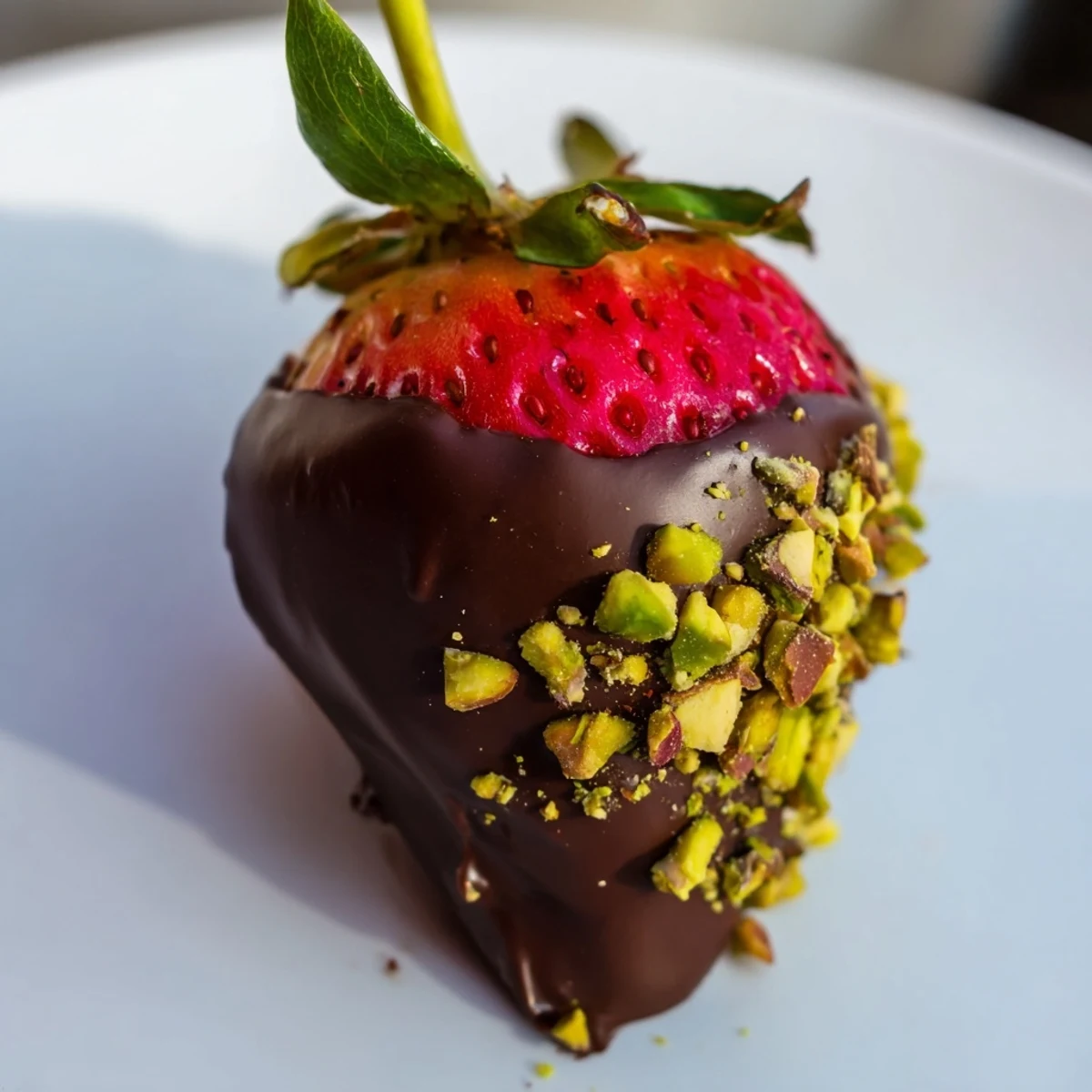 Glistening dark chocolate covered strawberries with pistachios arranged on a white plate. 