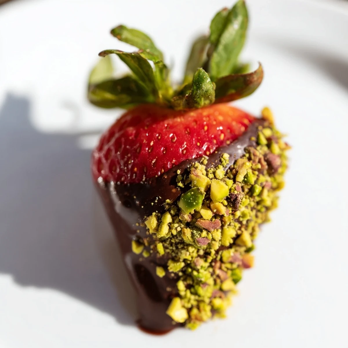 Close-up of chocolate covered strawberries with pistachios ready to serve at a celebration.