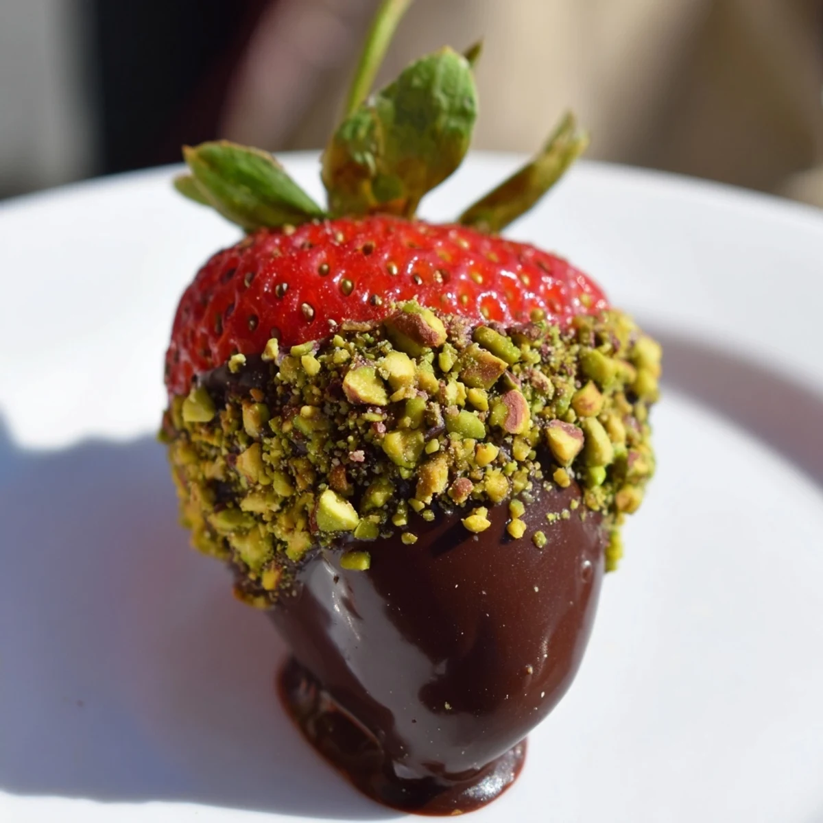 Fresh strawberries dipped in chocolate and garnished with chopped pistachios on a marble surface. 