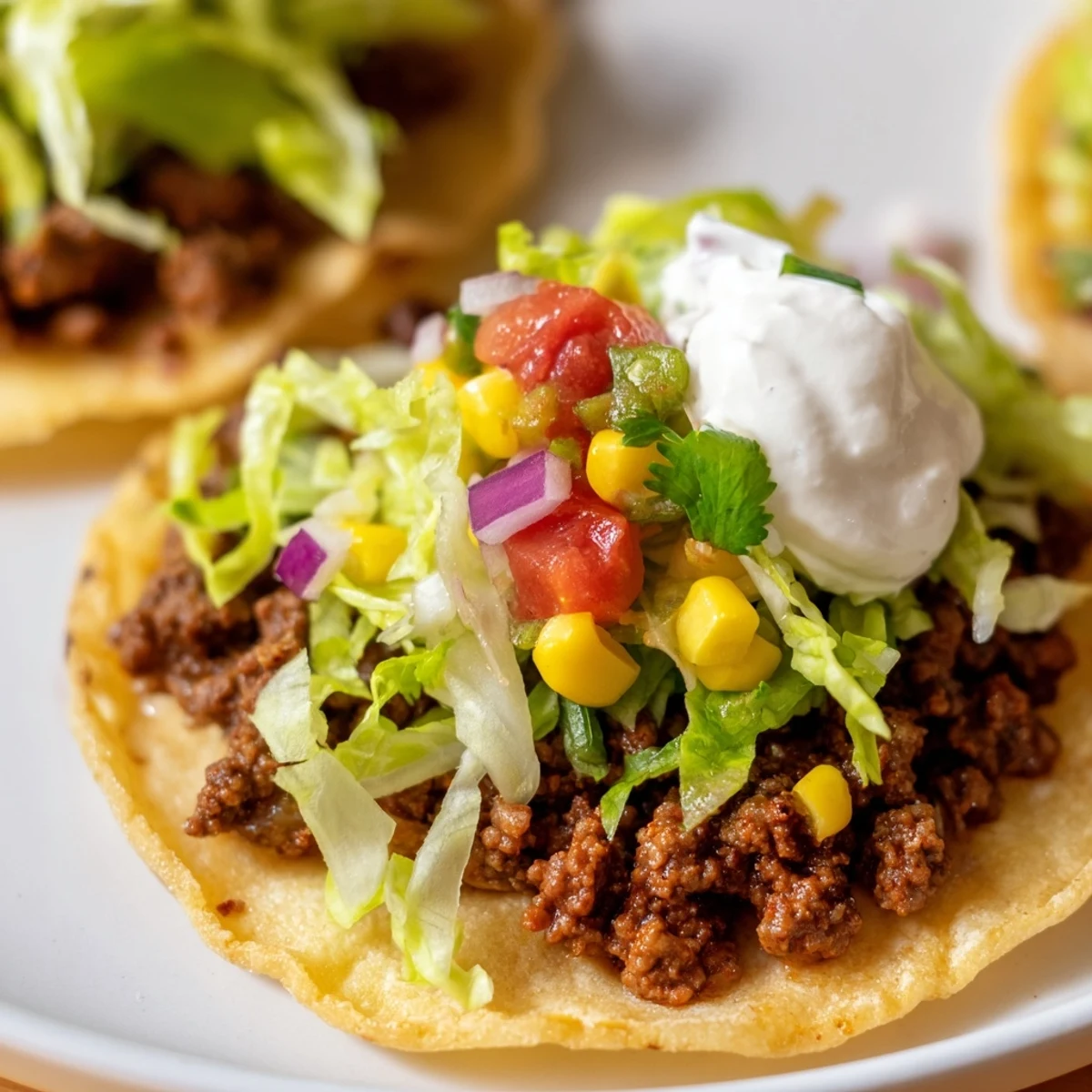 Close-up of sizzling seasoned ground beef filling for beef tacos with corn salsa.