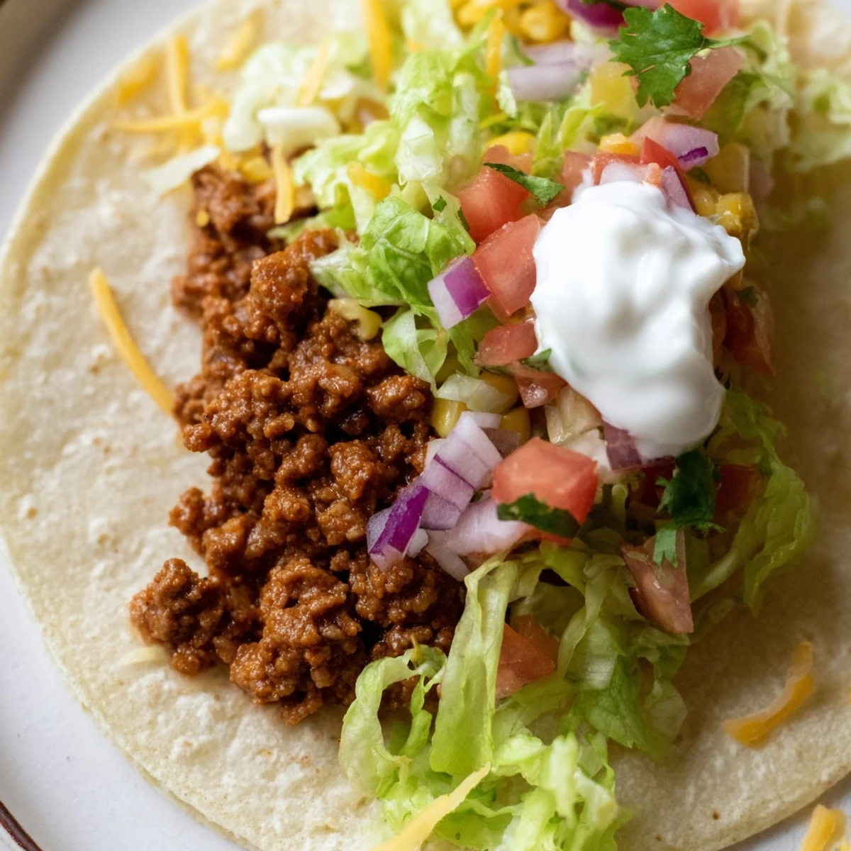Fully assembled beef tacos with corn salsa, lettuce, sour cream, and grated cheese.