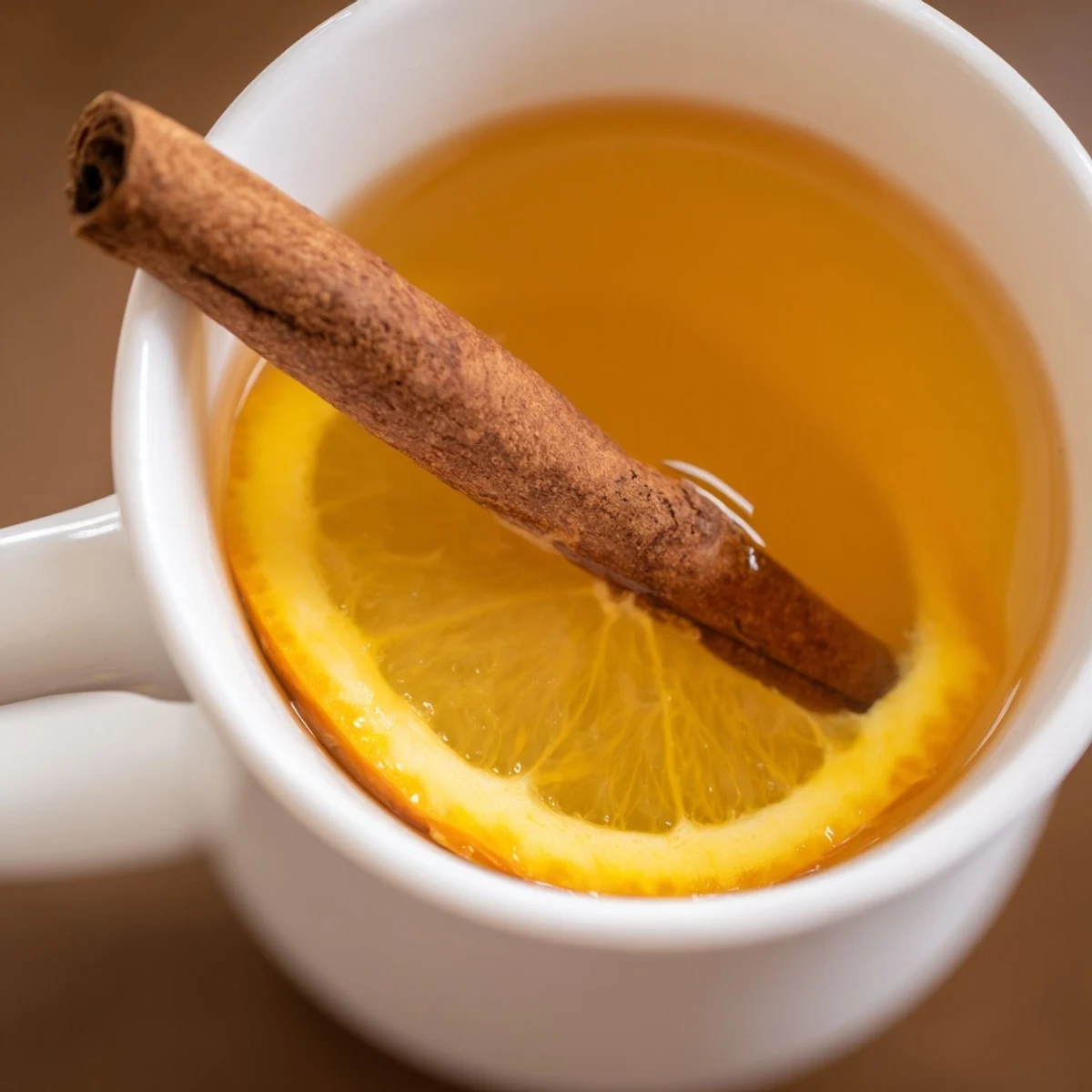 Cozy wooden table holds a strainer pouring hot Spiced Hot Apple Juice with Cinnamon into rustic mugs.