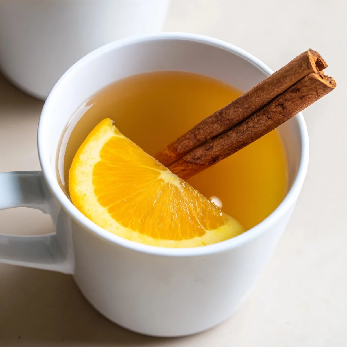 Fragrant orange slices and cinnamon sticks steep in a saucepan of golden Spiced Hot Apple Juice with Cinnamon.