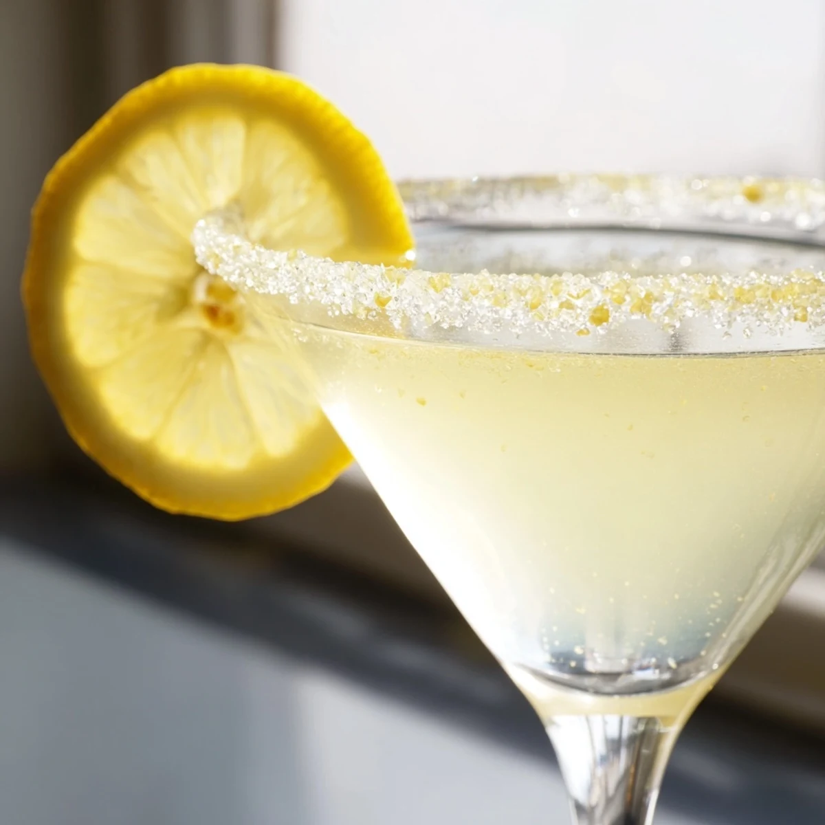 A chilled glass of Lemon Drop Cocktail with sugar rim, vodka and lemon juice, garnished with a bright lemon twist.