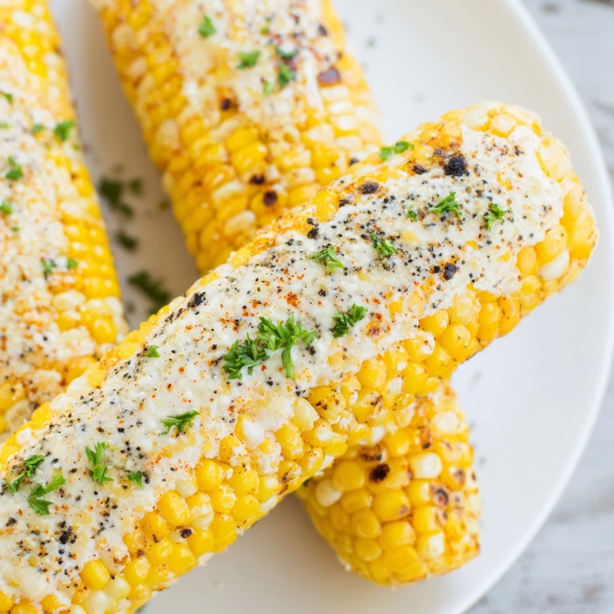 Golden roasted corn on the cob with melted butter, salt, and a sprinkle of smoked paprika, served hot as a classic American side dish.