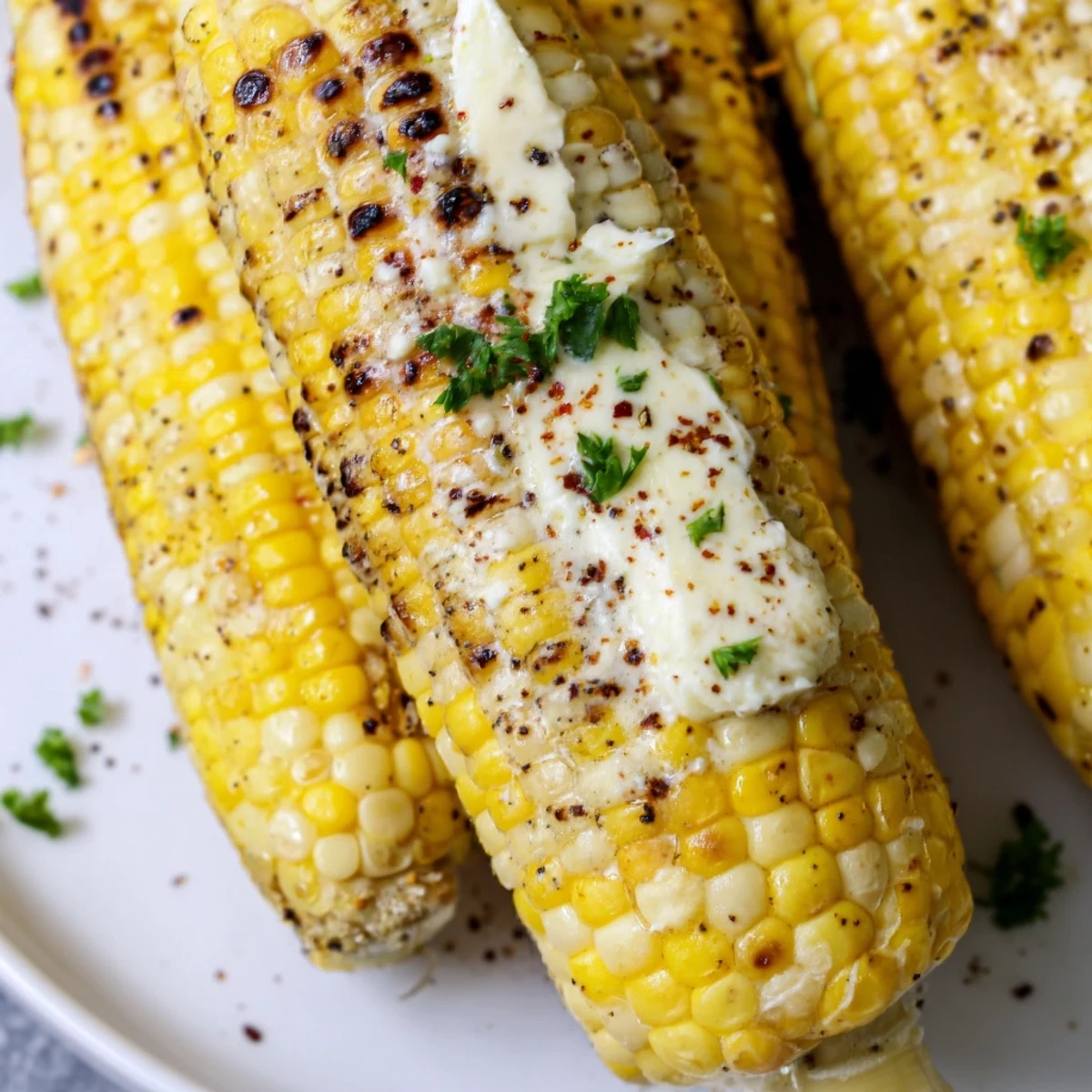 Four ears of roasted corn with charred kernels, finished with a generous slather of creamy butter and fresh parsley garnish.