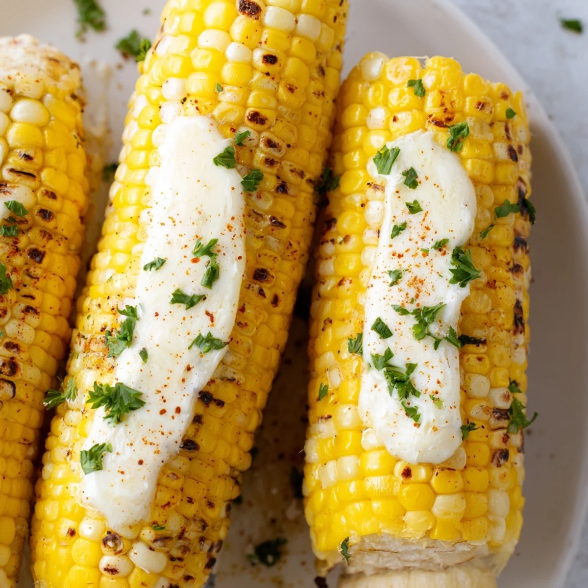 Juicy roasted corn on the cob, lightly seasoned with sea salt and black pepper, ready to serve alongside grilled meats at a summer BBQ.