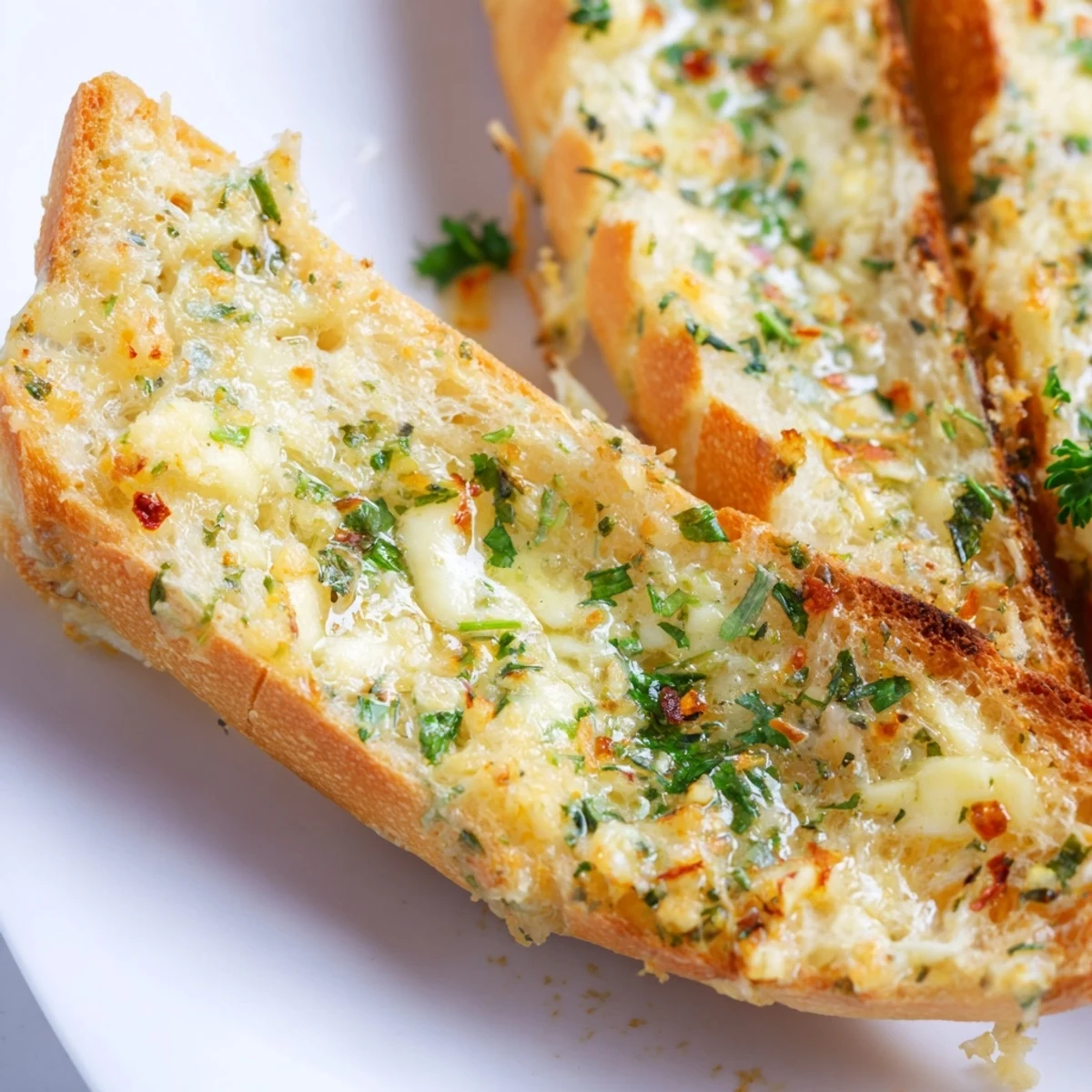 Close-up of Garlic Bread with Butter highlights a crisp crust and soft, garlicky interior.