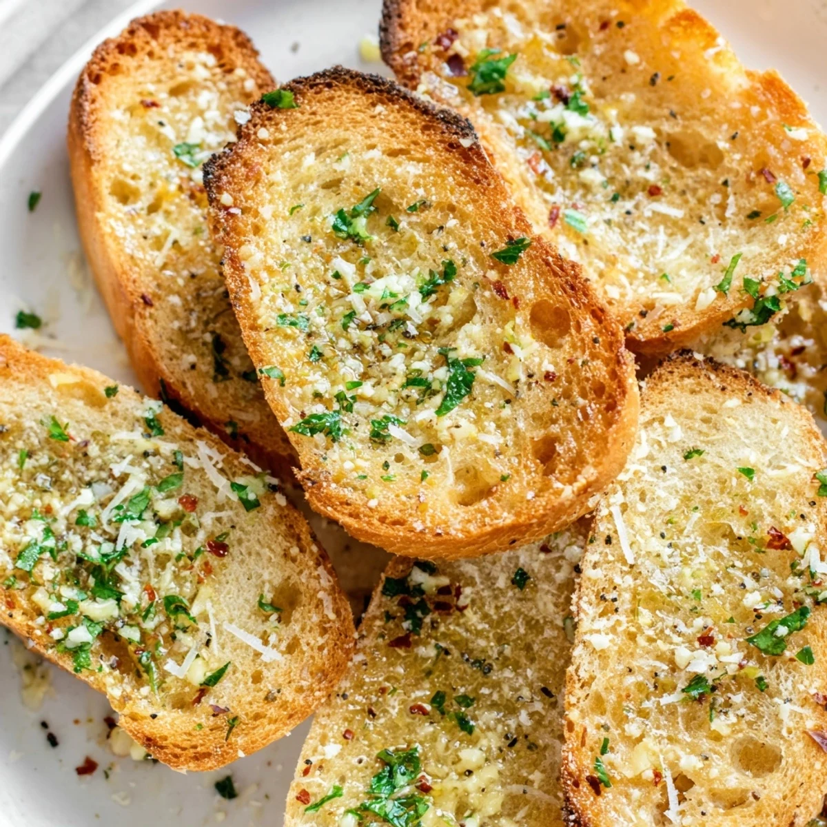 A side dish of Garlic Bread with Butter shows melted butter and fresh parsley garnish.