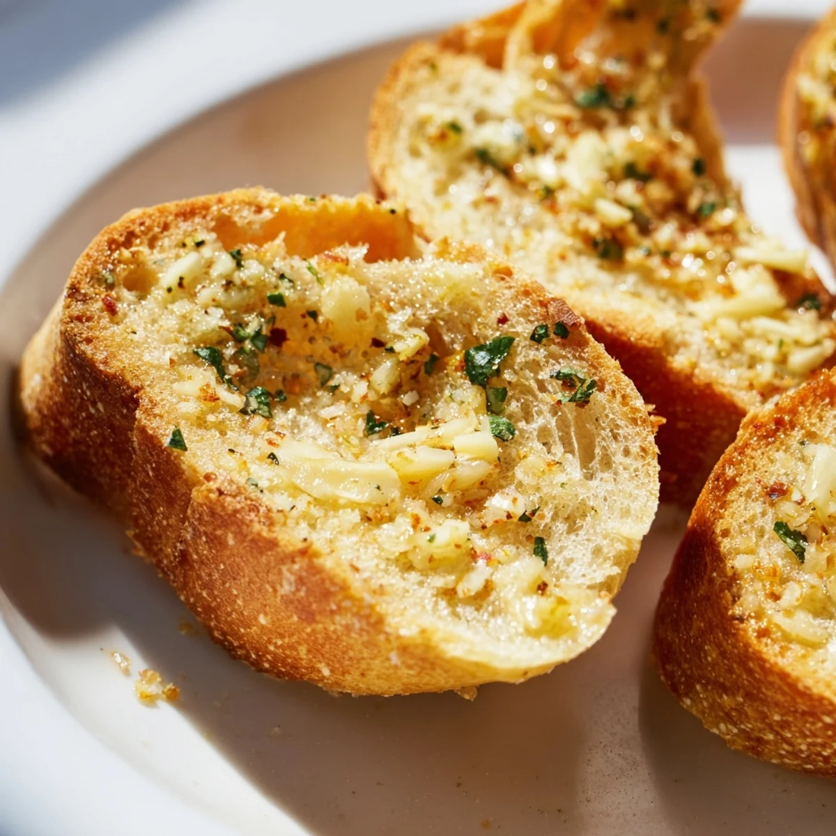 Golden-baked Garlic Bread with Butter spreads easily on a crusty Italian baguette, served warm.