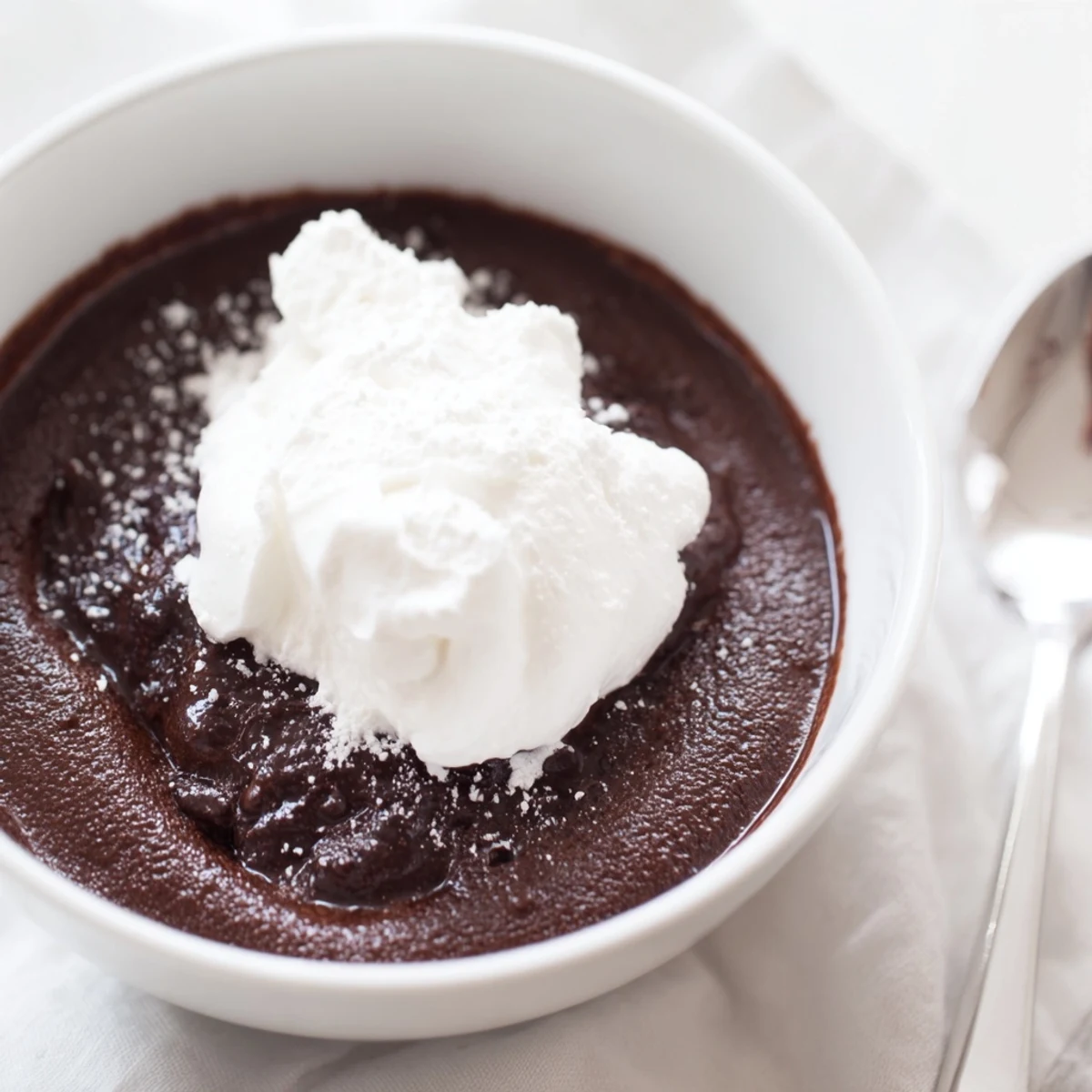 Rich chocolate pudding and whipped cream, ready to eat and beautifully presented.