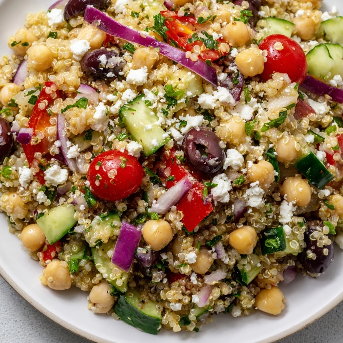 Bright and colorful Mediterranean Quinoa Salad with chickpeas, fresh cherry tomatoes, and crumbled feta cheese in a serving bowl.