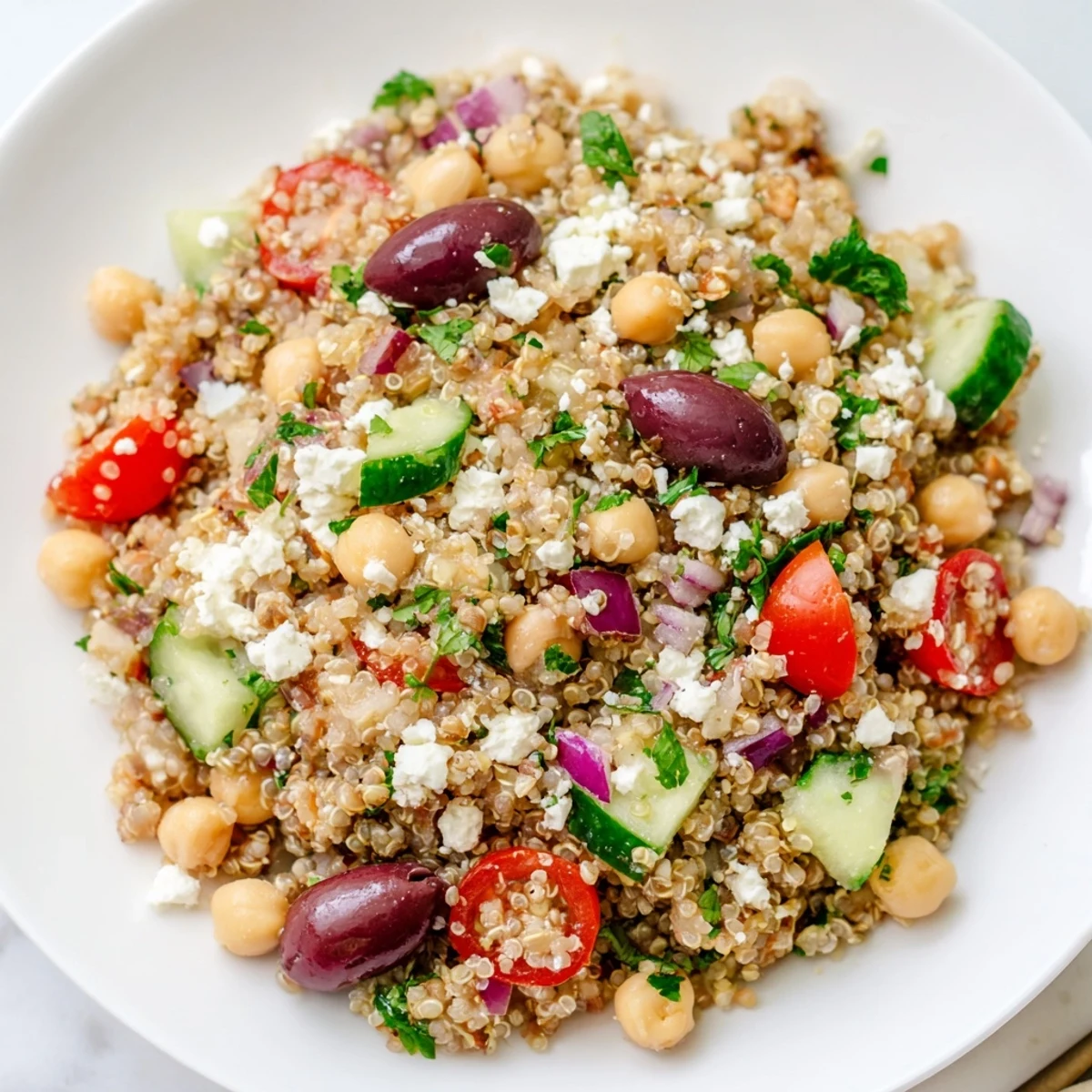 Hearty Mediterranean Quinoa Salad with chickpeas, red bell peppers, and feta, served as a healthy vegetarian main or side dish.