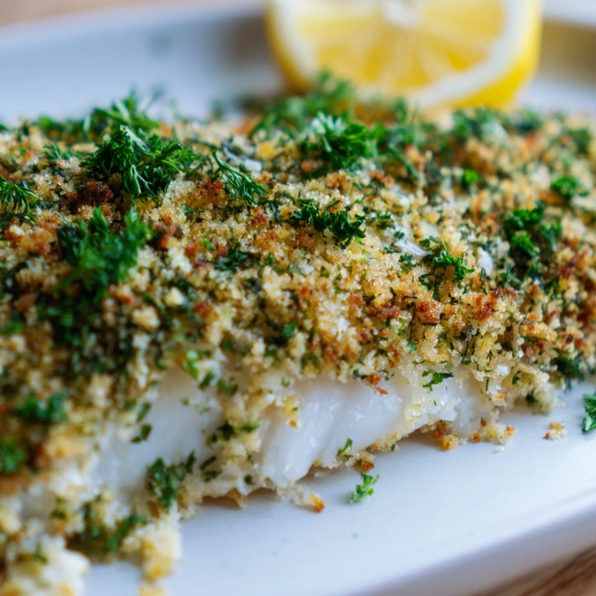 Golden baked cod with panko and herb crust served with fresh lemon wedges.