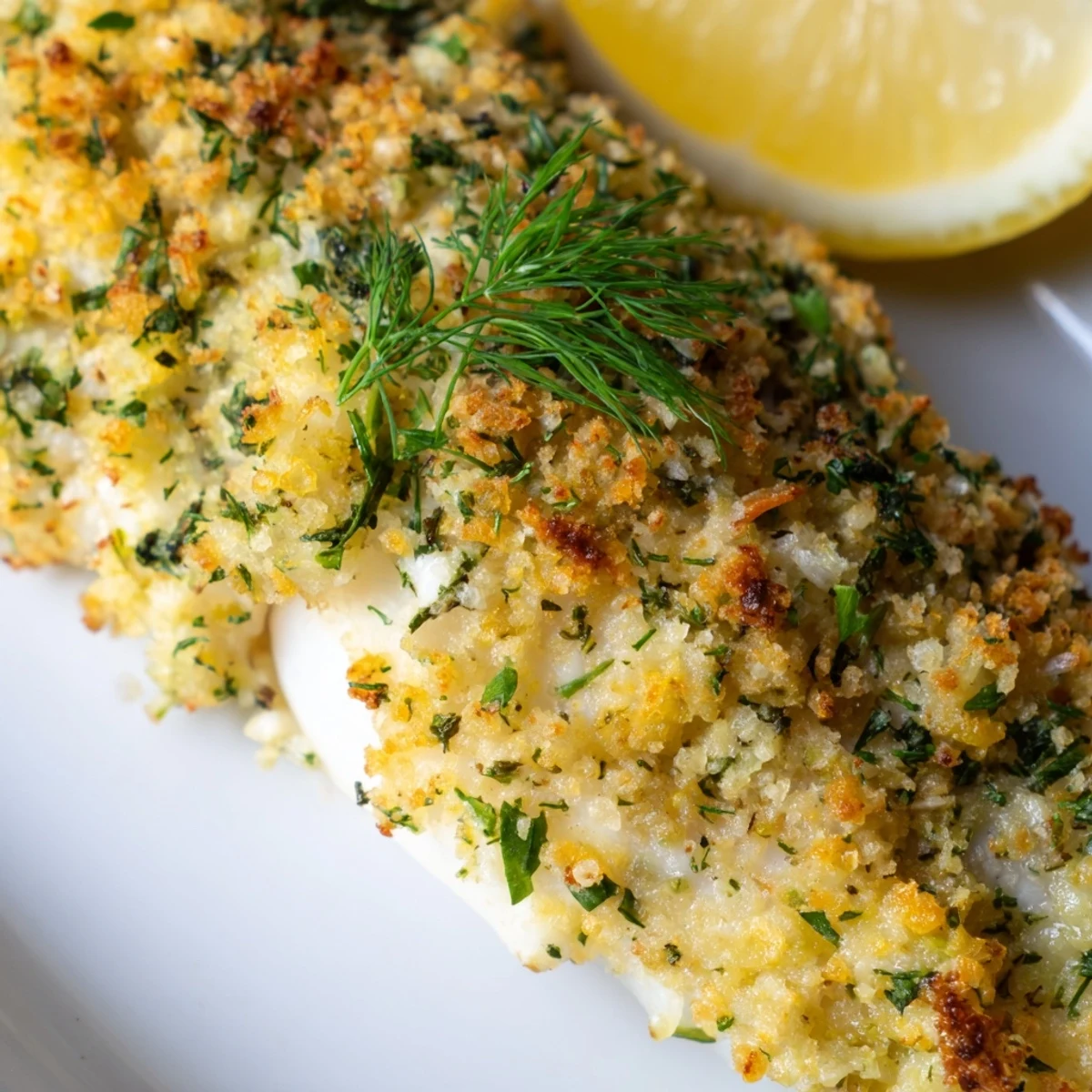 Crispy baked cod with panko and herb crust flaking easily with a fork.