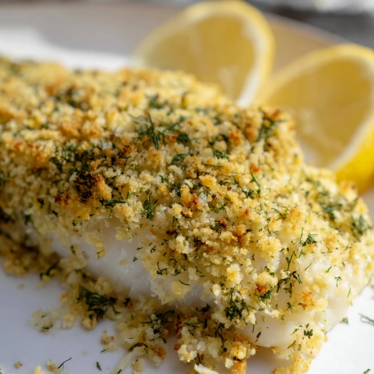Freshly baked cod fillets with golden panko and herb crust on a plate.