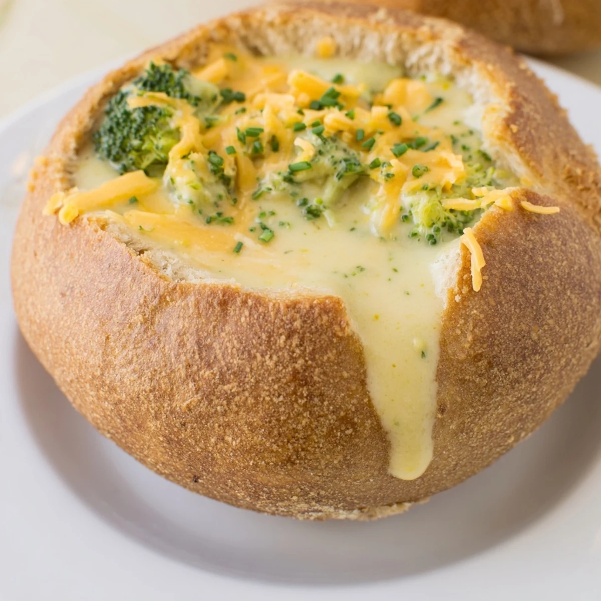 Creamy Broccoli Cheddar Soup served in a warm, crusty sourdough bread bowl, topped with extra melted cheese and fresh chives.