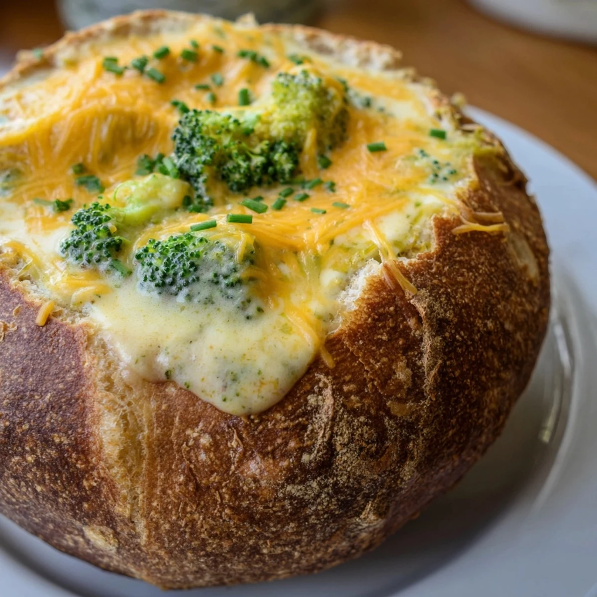 A hearty Creamy Broccoli Cheddar Soup poured into a hollowed-out bread bowl, perfect for a cozy lunch or dinner.