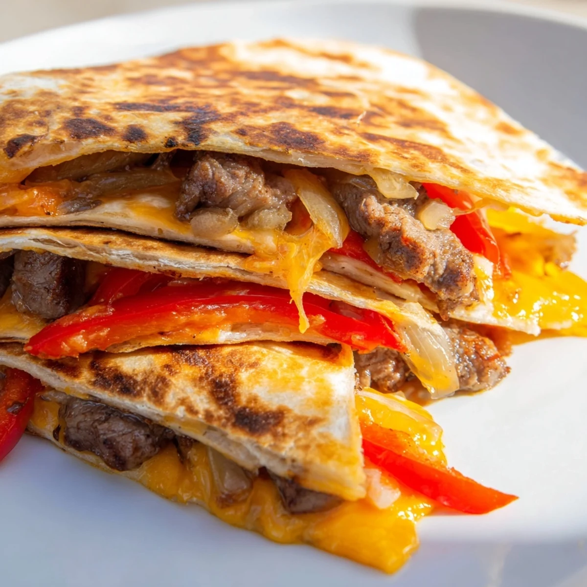 Melted cheese oozes from golden flour tortillas filled with seasoned beef, served with salsa and guacamole.