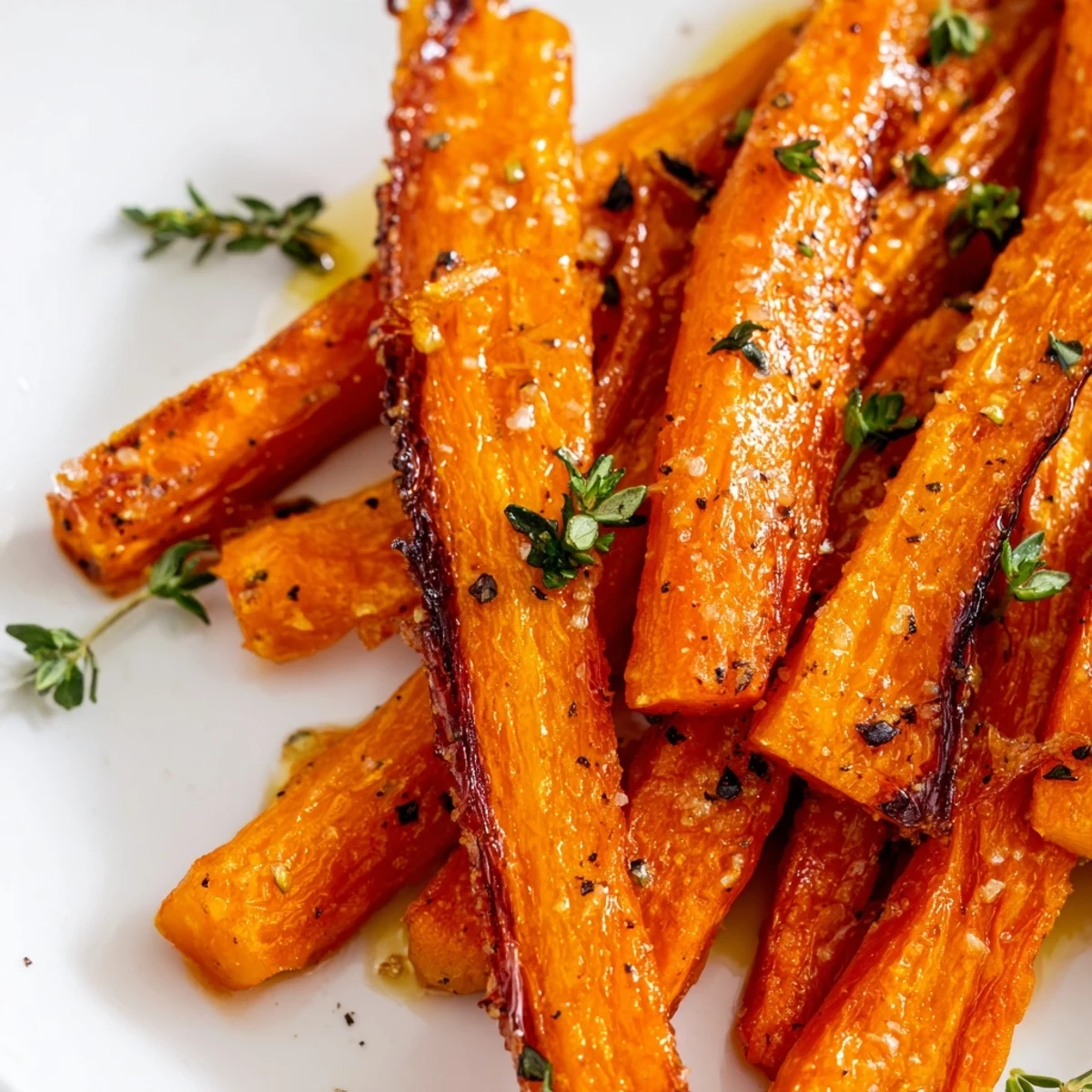 Tender roasted carrots with honey and thyme, glistening on a platter and garnished with fresh parsley, ready to serve.