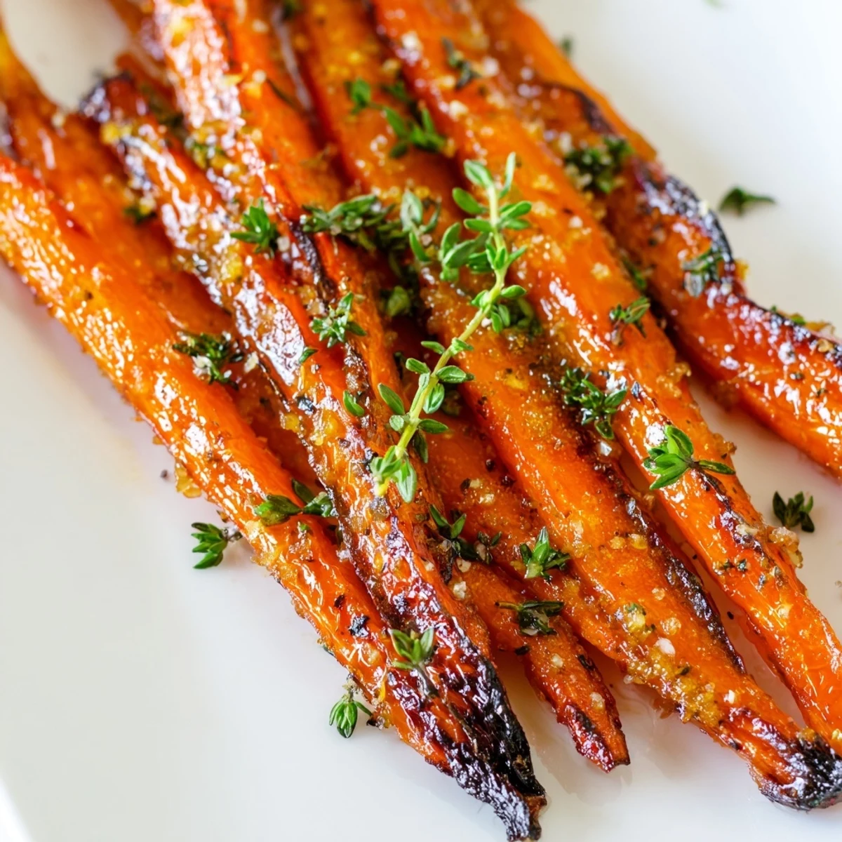 Golden-brown roasted carrots with honey and thyme line a baking sheet, offering sweet caramelized edges and a warm, savory aroma.