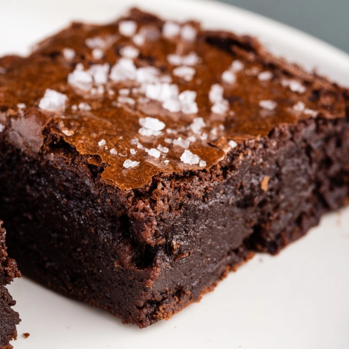 Freshly baked Chocolate Fudge Brownies with Sea Salt served warm, ready for a scoop of vanilla ice cream.