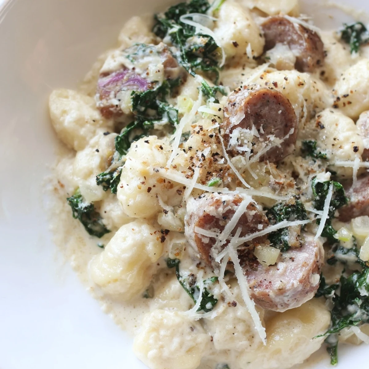 Creamy Gnocchi with Sausage and Kale served in a rustic skillet, garnished with extra Parmesan and a side of crusty bread.