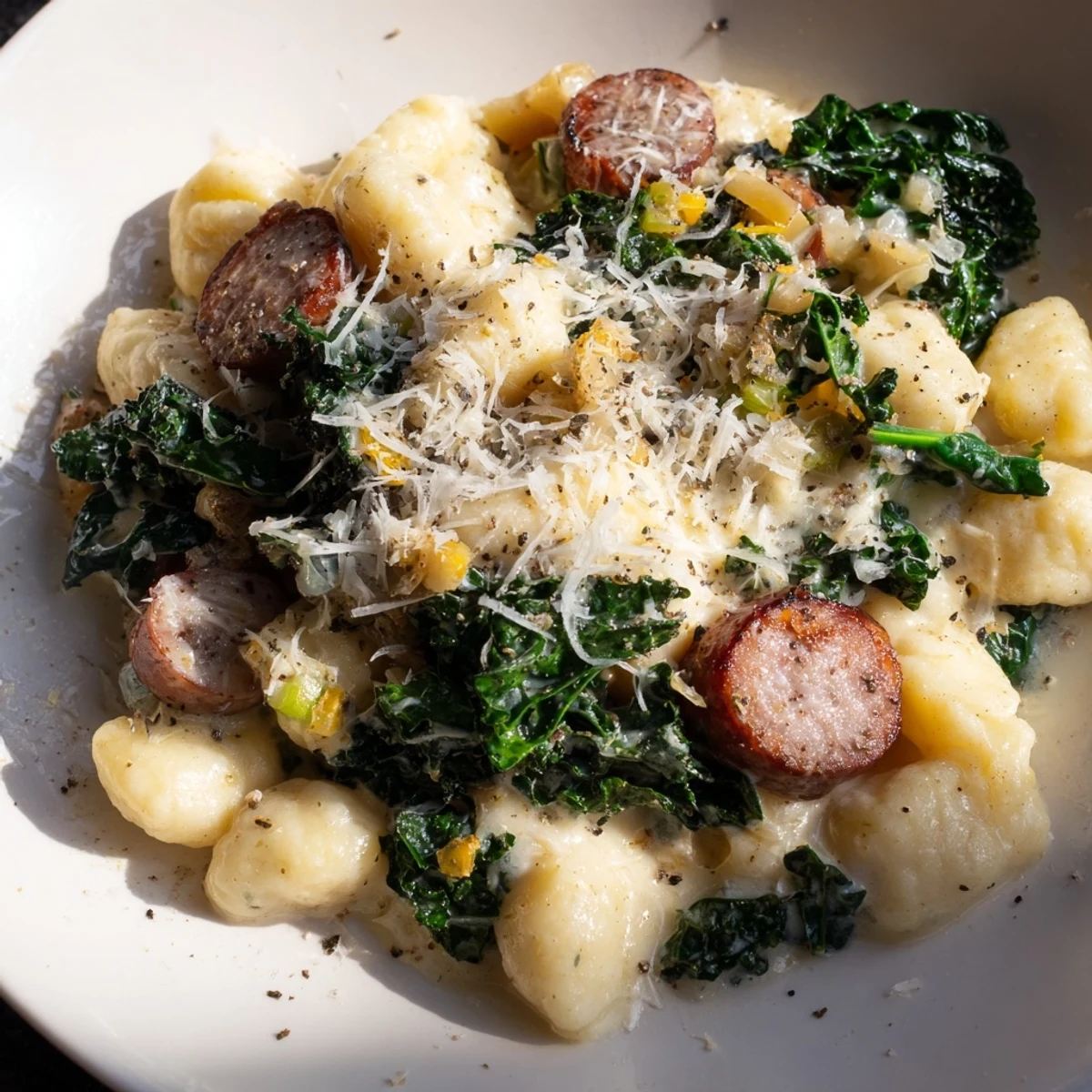 Steam rises from a comforting bowl of Creamy Gnocchi with Sausage and Kale, ready to be enjoyed for a hearty family dinner.