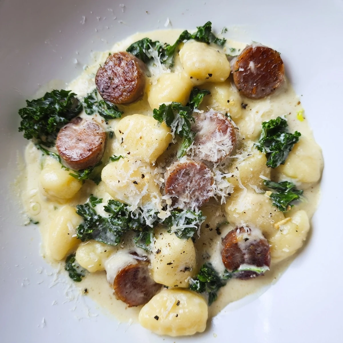 A close-up of Creamy Gnocchi with Sausage and Kale, showcasing vibrant green kale and savory sausage pieces in a rich garlic sauce.