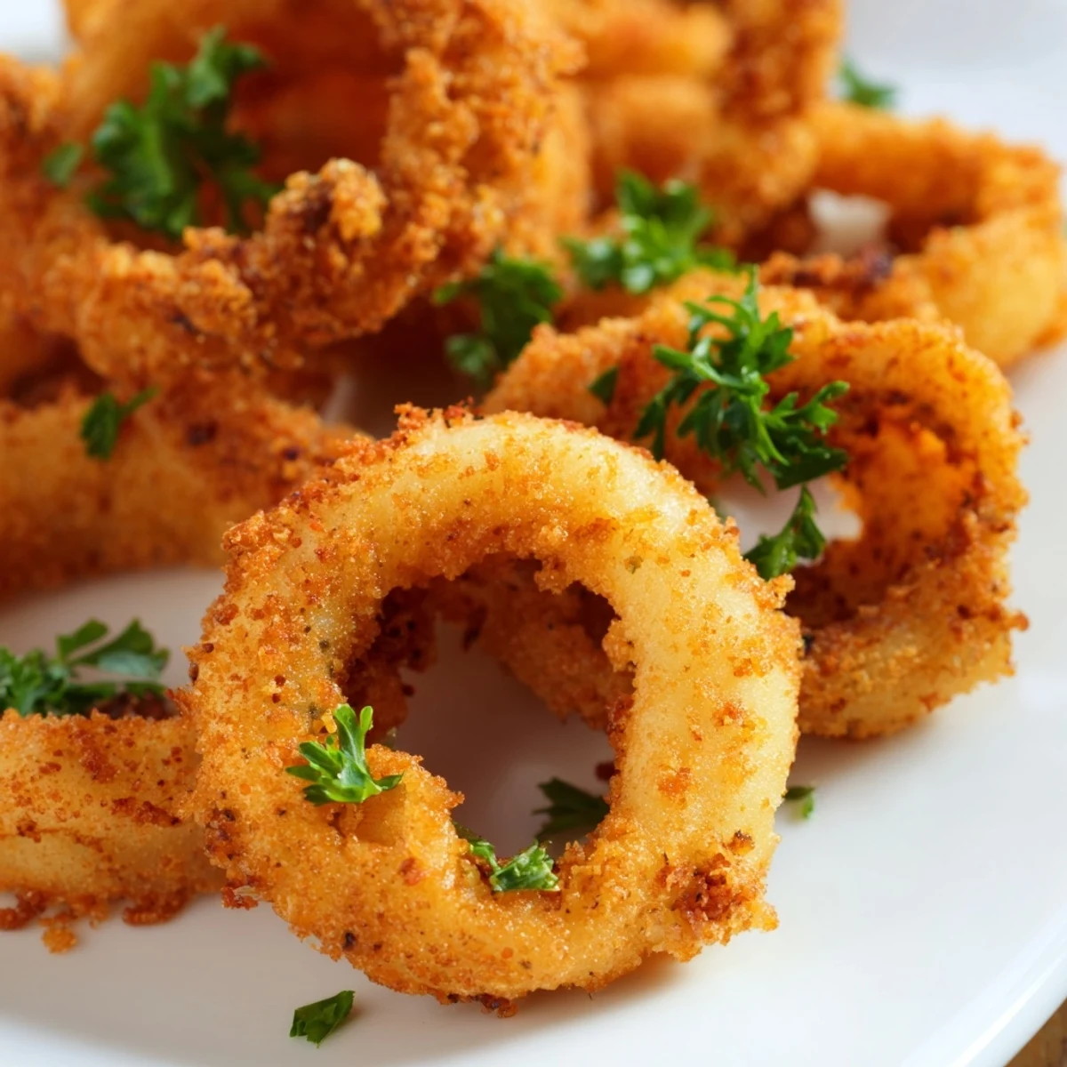 Crispy Calamari with Marinara Sauce is served golden and hot, with lemon wedges for a bright, tangy finish.